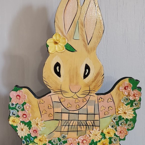 Easter Decoration Vintage 1980s Freestanding Wood Table Ornament Easter Bunny - Picture 2 of 10